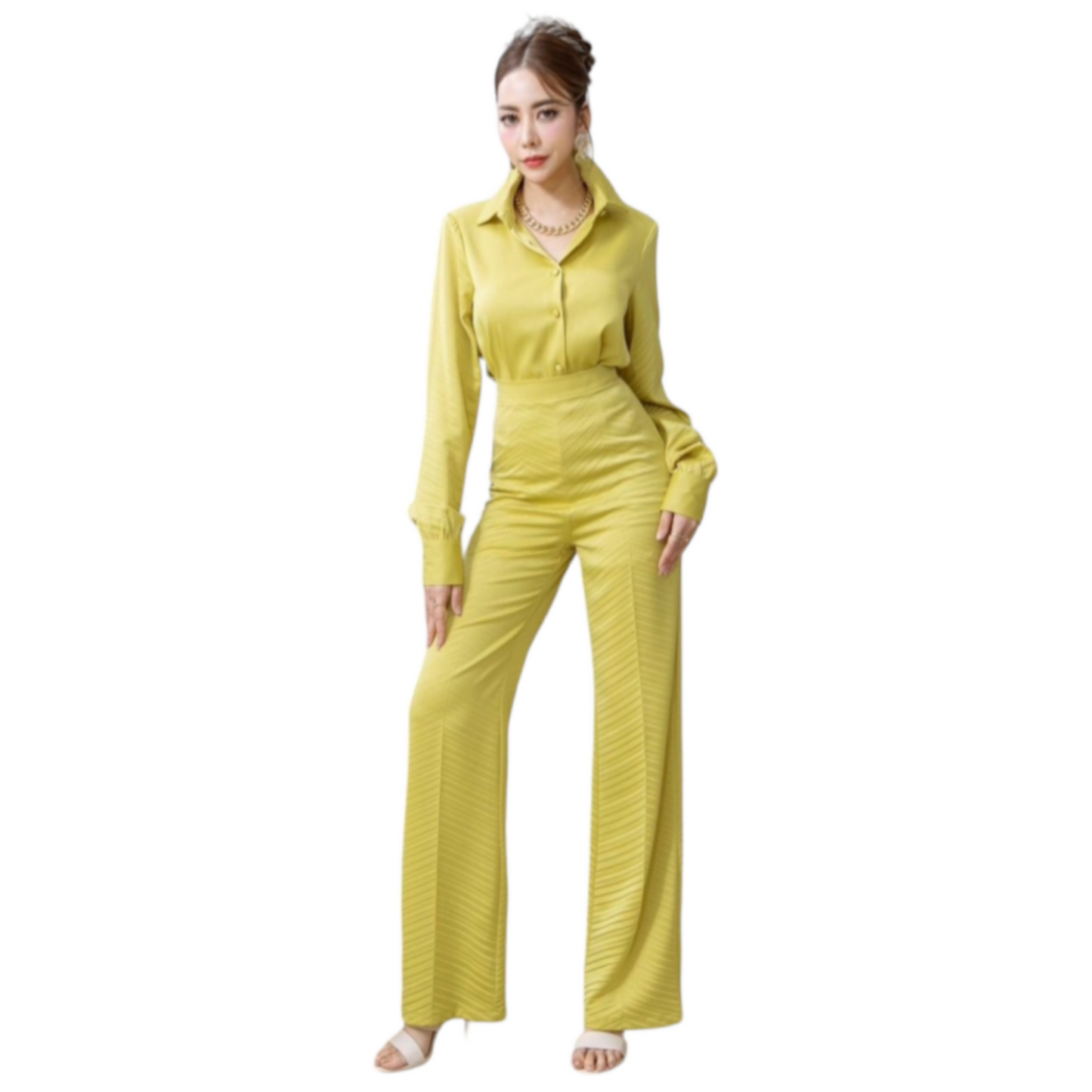 Chartreuse Satin Trouser Set