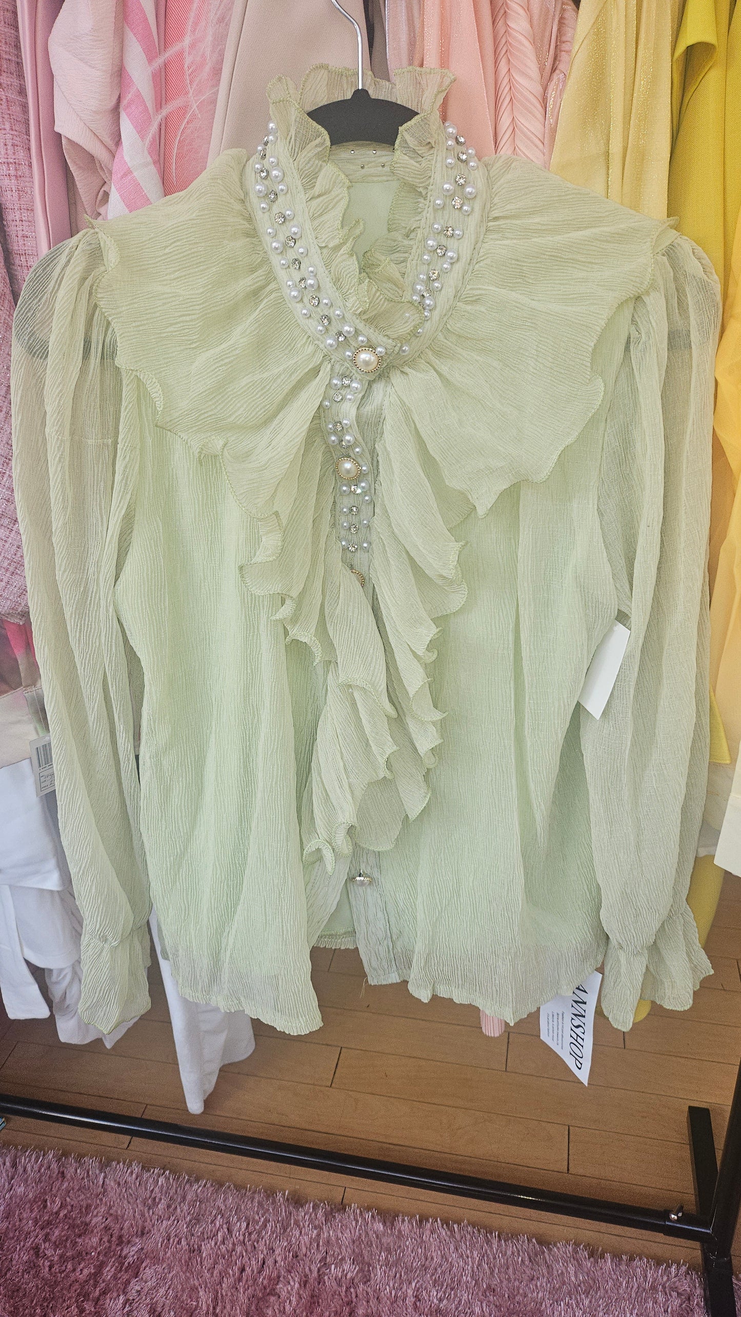 Light Green Ruffle Crystal Blouse